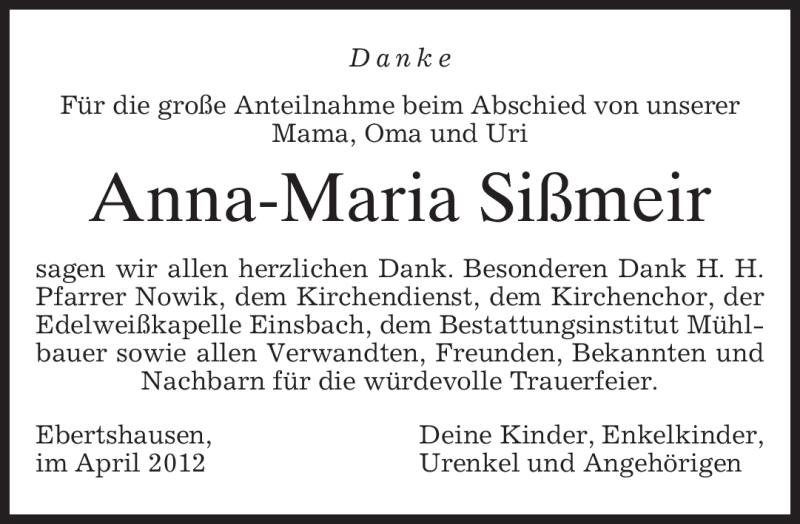  Traueranzeige für Anna-Maria Sißmeir vom 21.04.2012 aus MERKUR & TZ
