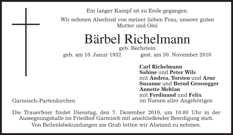  Traueranzeige für Bärbel Richelmann vom 03.12.2010 aus MERKUR & TZ