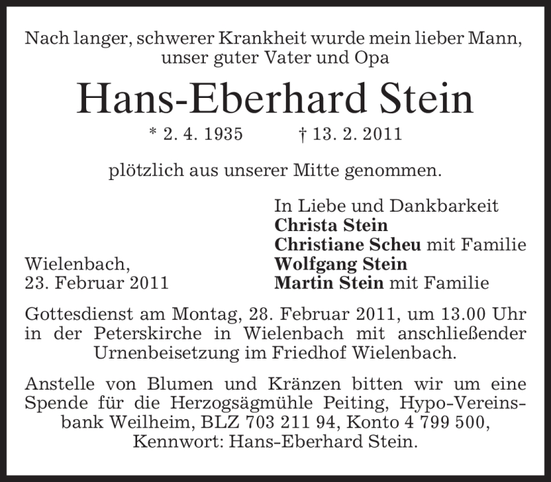  Traueranzeige für Hans-Eberhard Stein vom 23.02.2011 aus MERKUR & TZ