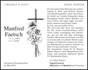 Traueranzeige von Manfred Faetsch von MERKUR & TZ