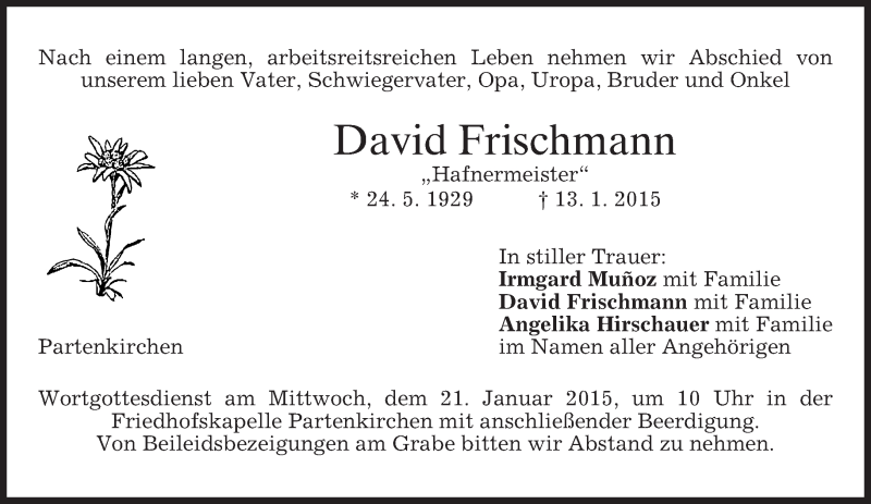  Traueranzeige für David Frischmann vom 17.01.2015 aus merkurtz
