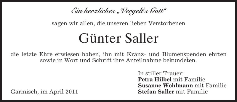  Traueranzeige für Günter Saller vom 02.04.2011 aus MERKUR & TZ