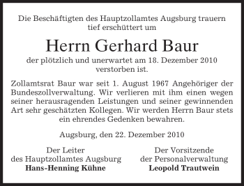 Traueranzeige von Gerhard Baur von MERKUR & TZ