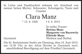Traueranzeige von Clara Manz von merkurtz