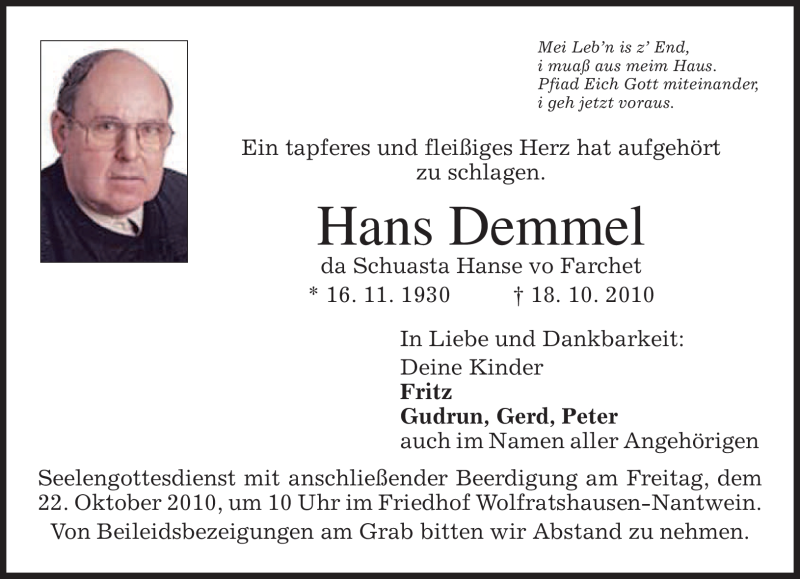 Traueranzeigen von Hans Demmel | trauer.merkur.de