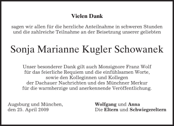 Traueranzeige von Sonja Marianne Kugler Schowanek von MERKUR & TZ