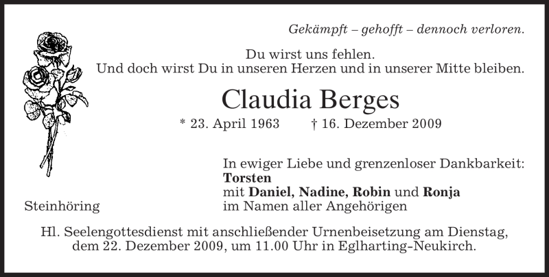 Traueranzeige für Claudia Berges vom 18.12.2009 aus MERKUR & TZ