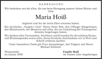 Traueranzeige von Maria Hoiß von MERKUR & TZ