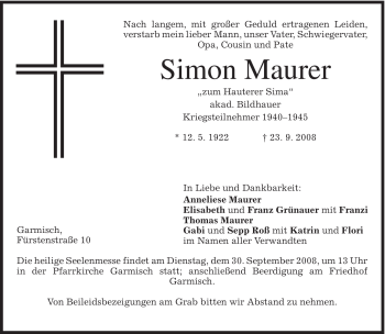 Traueranzeige von Simon Maurer von MERKUR & TZ