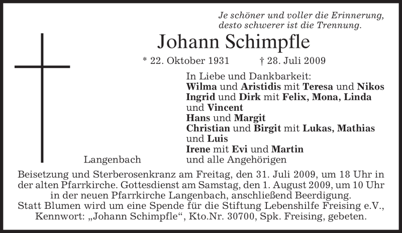  Traueranzeige für Johann Schimpfle vom 30.07.2009 aus MERKUR & TZ