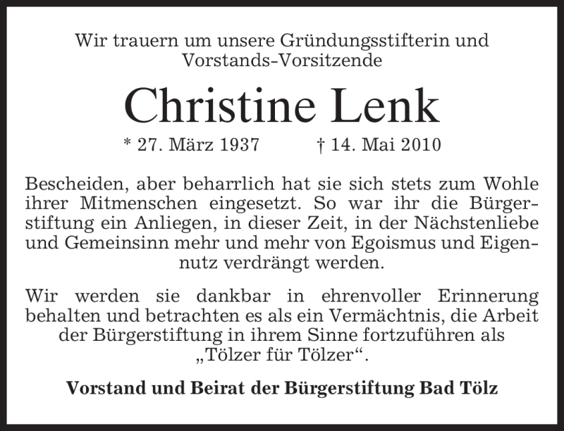  Traueranzeige für Christine Lenk vom 22.05.2010 aus MERKUR & TZ