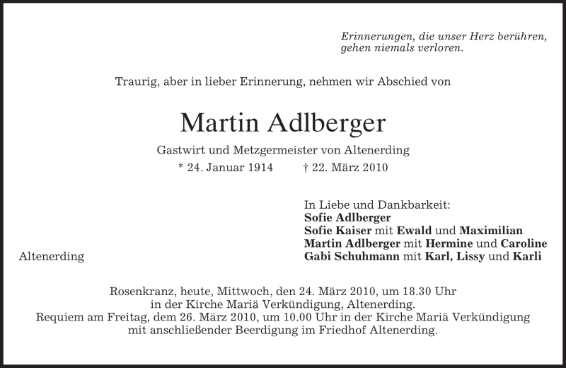  Traueranzeige für Martin Adlberger vom 24.03.2010 aus MERKUR & TZ