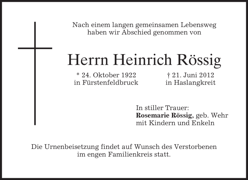  Traueranzeige für Heinrich Rössig vom 25.06.2012 aus MERKUR & TZ