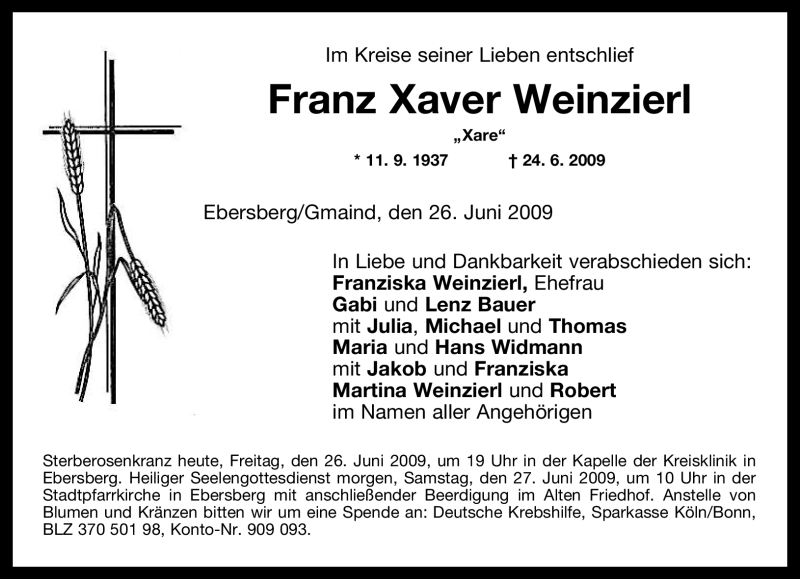  Traueranzeige für Franz Xaver Weinzierl vom 26.06.2009 aus MERKUR & TZ