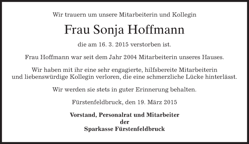  Traueranzeige für Sonja Hoffmann vom 19.03.2015 aus merkurtz