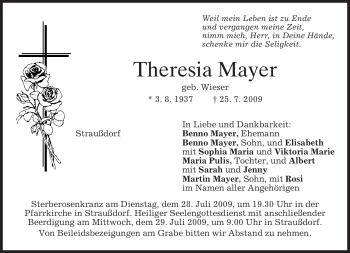 Traueranzeige von Theresia Mayer von MERKUR & TZ