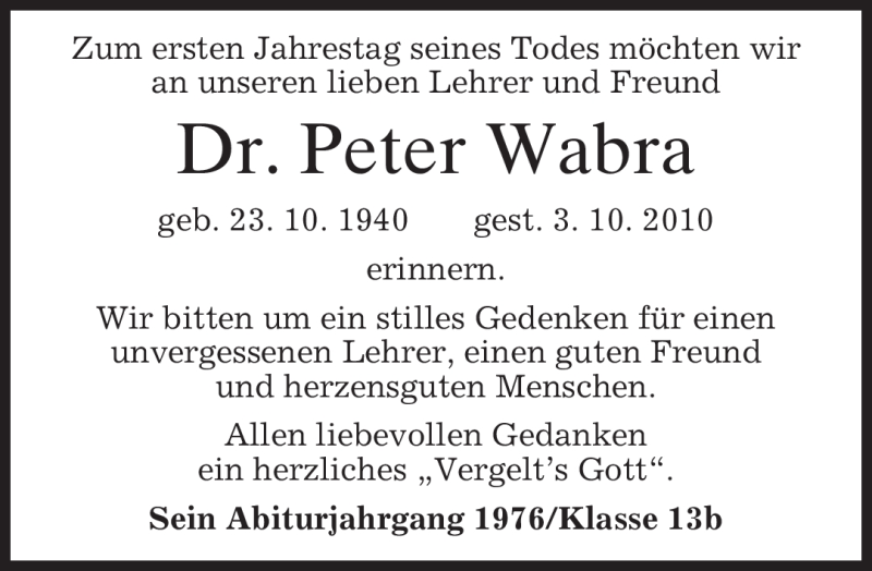  Traueranzeige für Peter Wabra vom 04.10.2011 aus MERKUR & TZ