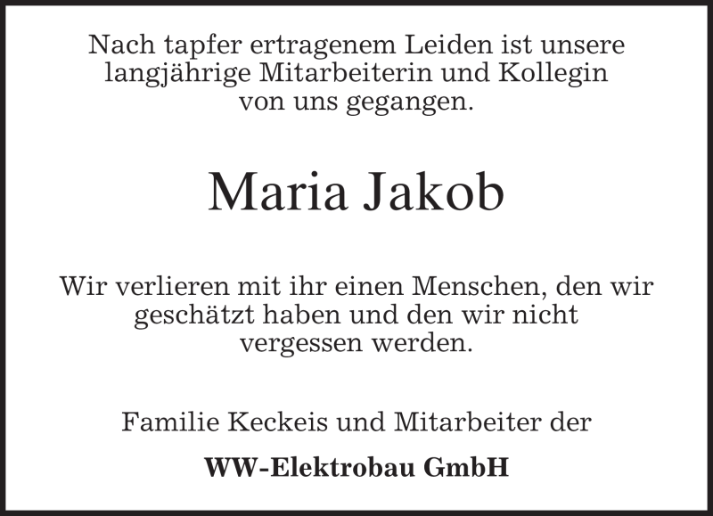  Traueranzeige für Maria Jakob vom 12.02.2009 aus MERKUR & TZ