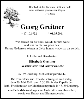 Traueranzeige von Georg Greitner von MERKUR & TZ