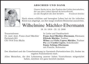 Traueranzeige von Wilhelmine Mächler-Ebermann von MERKUR & TZ