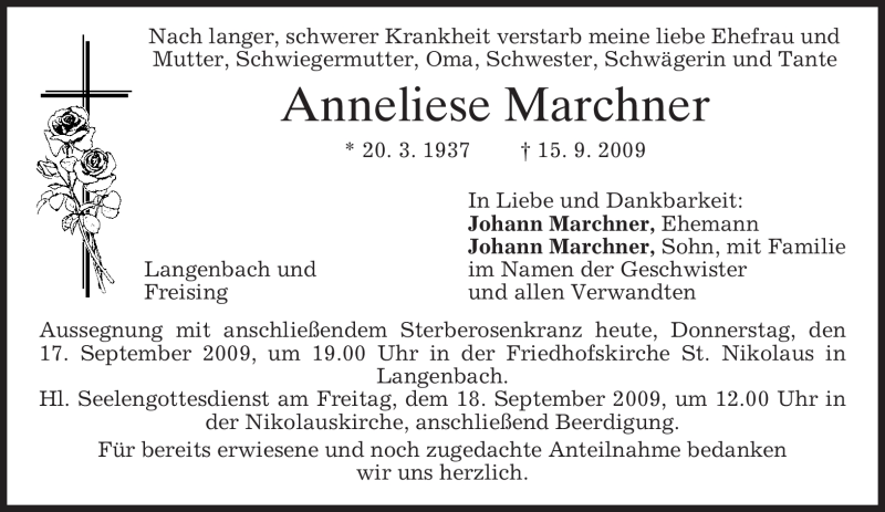  Traueranzeige für Anneliese Marchner vom 17.09.2009 aus MERKUR & TZ