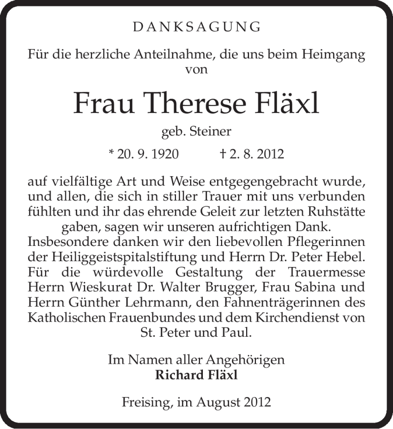  Traueranzeige für Therese Fläxl vom 18.08.2012 aus MERKUR & TZ