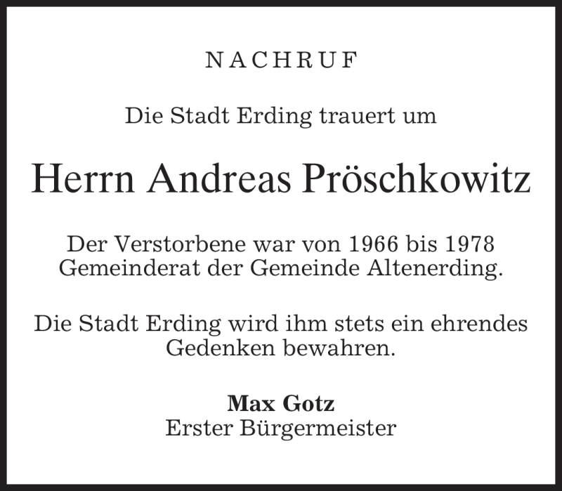  Traueranzeige für Andreas Pröschkowitz vom 20.04.2010 aus MERKUR & TZ