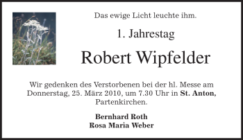 Traueranzeige von Robert Wipfelder von MERKUR & TZ