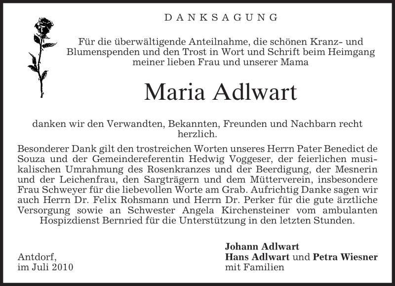  Traueranzeige für Maria Adlwart vom 24.07.2010 aus MERKUR & TZ