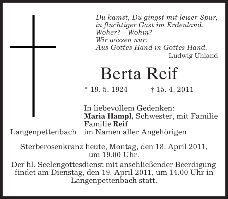  Traueranzeige für Berta Reif vom 18.04.2011 aus MERKUR & TZ
