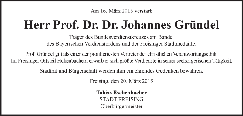  Traueranzeige für Johannes Gründel vom 20.03.2015 aus merkurtz