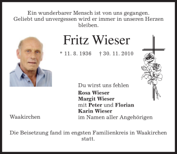 Traueranzeige von Fritz Wieser von MERKUR & TZ