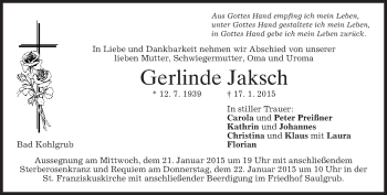 Traueranzeige von Gerlinde Jaksch von merkurtz