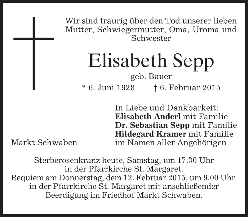  Traueranzeige für Elisabeth Sepp vom 07.02.2015 aus merkurtz
