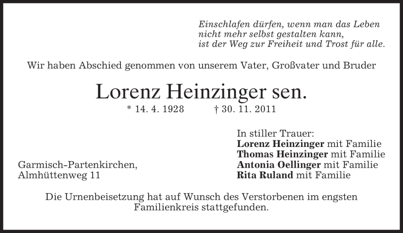  Traueranzeige für Lorenz Heinzinger vom 14.12.2011 aus MERKUR & TZ