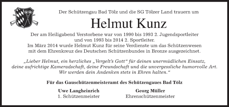  Traueranzeige für Helmut Kunz vom 03.01.2015 aus merkurtz