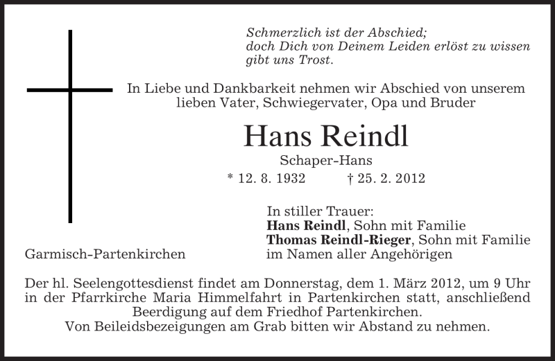  Traueranzeige für Hans Reindl vom 28.02.2012 aus MERKUR & TZ