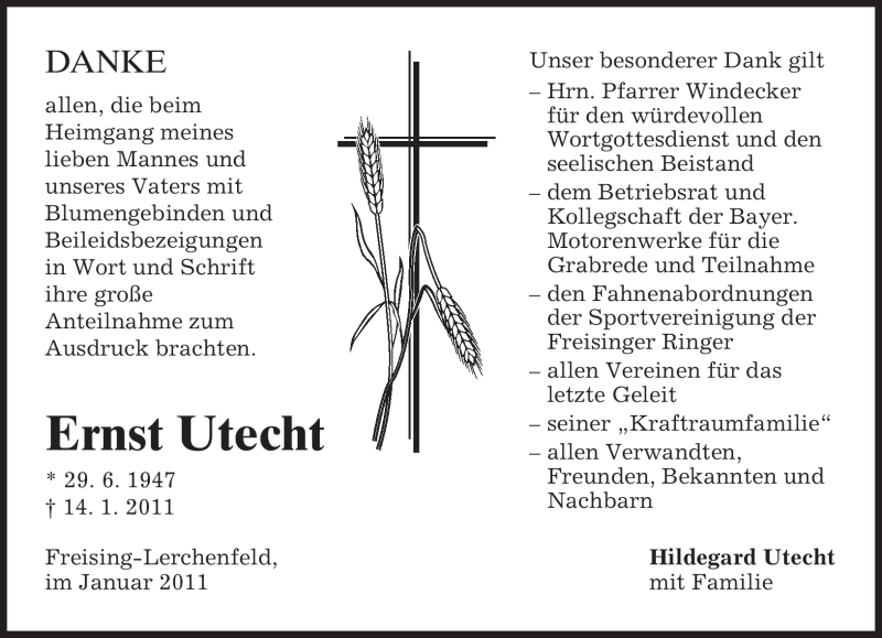  Traueranzeige für Ernst Utecht vom 22.01.2011 aus MERKUR & TZ
