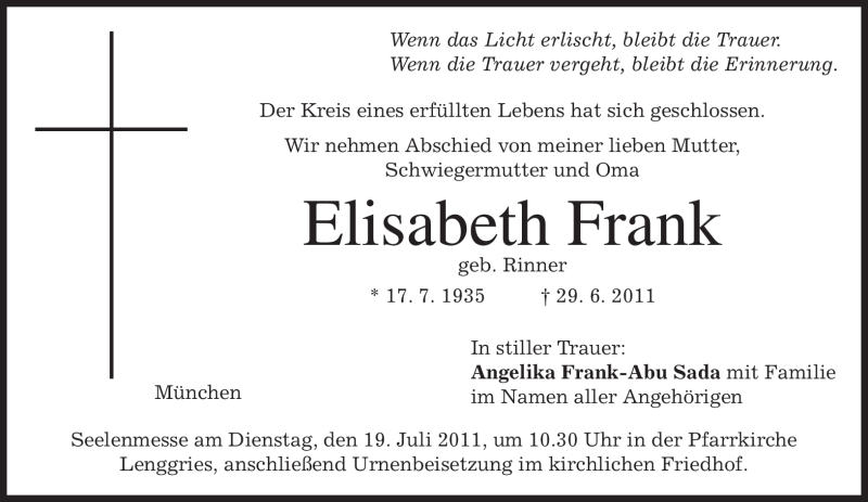  Traueranzeige für Elisabeth Frank vom 16.07.2011 aus MERKUR & TZ