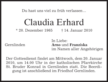 Traueranzeige von Claudia Erhard von MERKUR & TZ