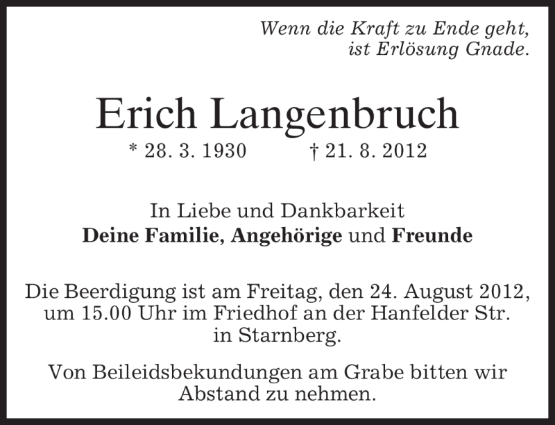  Traueranzeige für Erich Langenbruch vom 22.08.2012 aus MERKUR & TZ