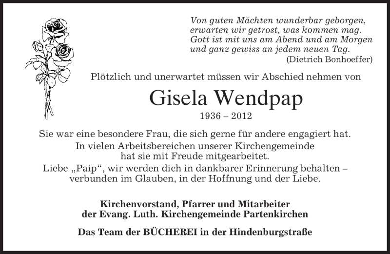 Traueranzeige für Gisela Wendpap vom 06.02.2012 aus MERKUR & TZ