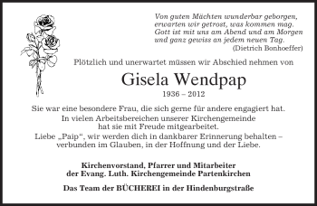 Traueranzeige von Gisela Wendpap von MERKUR & TZ