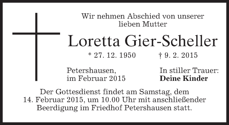  Traueranzeige für Loretta Gier-Scheller vom 13.02.2015 aus merkurtz