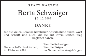 Traueranzeige von Berta Schwaiger von MERKUR & TZ