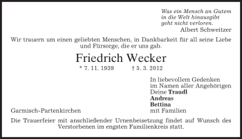 Traueranzeige von Friedrich Wecker von MERKUR & TZ
