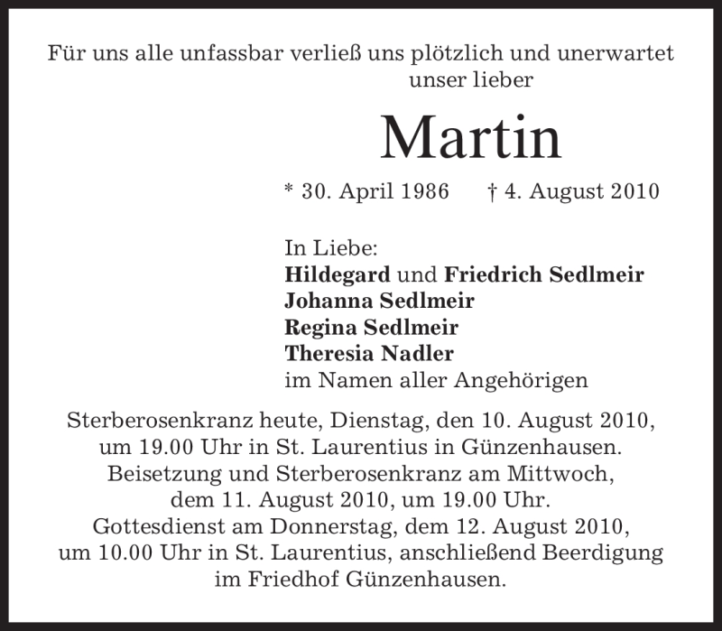  Traueranzeige für Martin Sedlmeir vom 10.08.2010 aus MERKUR & TZ