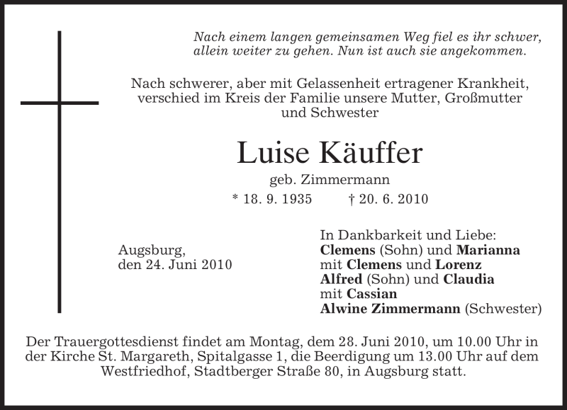  Traueranzeige für Luise Käuffer vom 24.06.2010 aus MERKUR & TZ