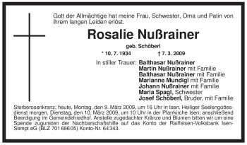 Traueranzeige von Rosalie Nußrainer von MERKUR & TZ