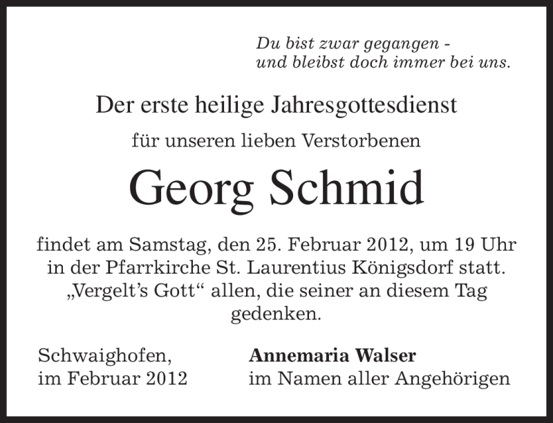  Traueranzeige für Georg Schmid vom 23.02.2012 aus MERKUR & TZ